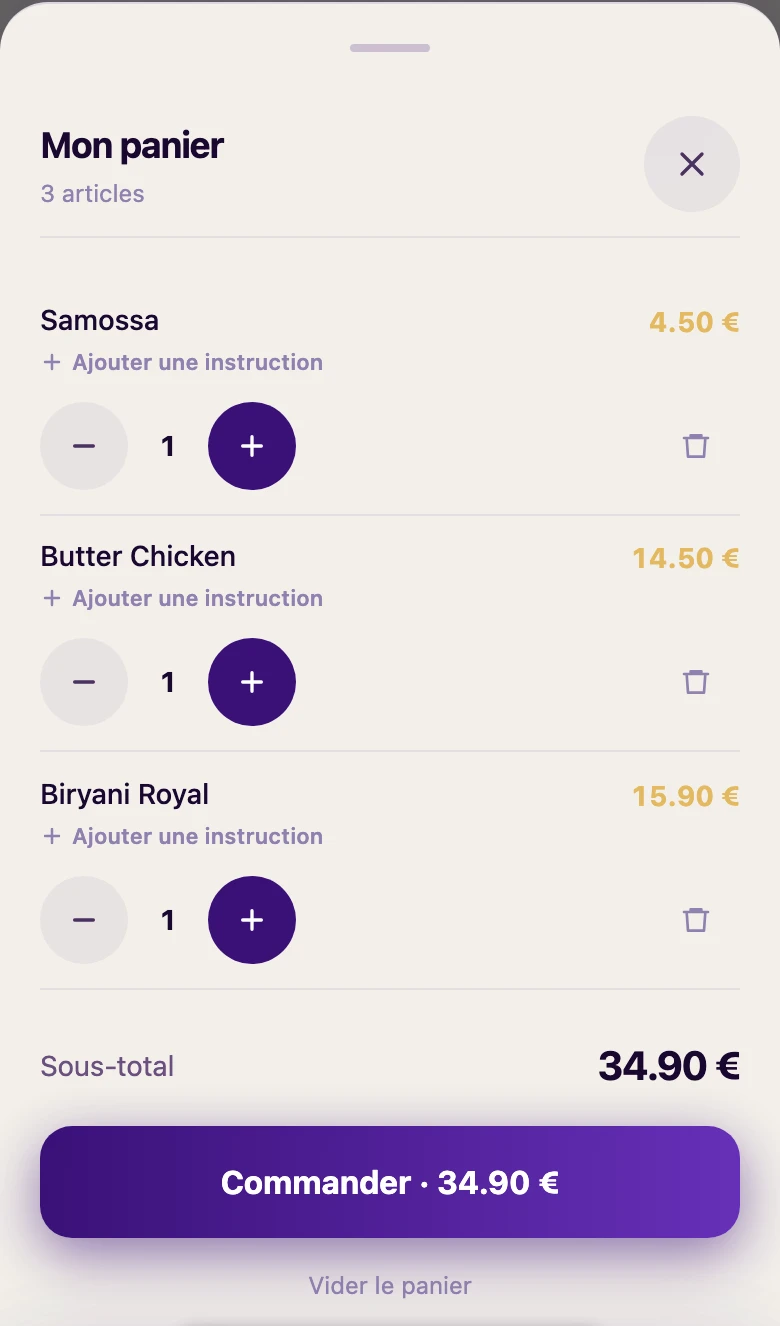 Capture réelle du panier client Piloteat : 3 plats (Samossa, Butter Chicken, Biryani Royal), sous-total 34,90 €, bouton « Commander ».